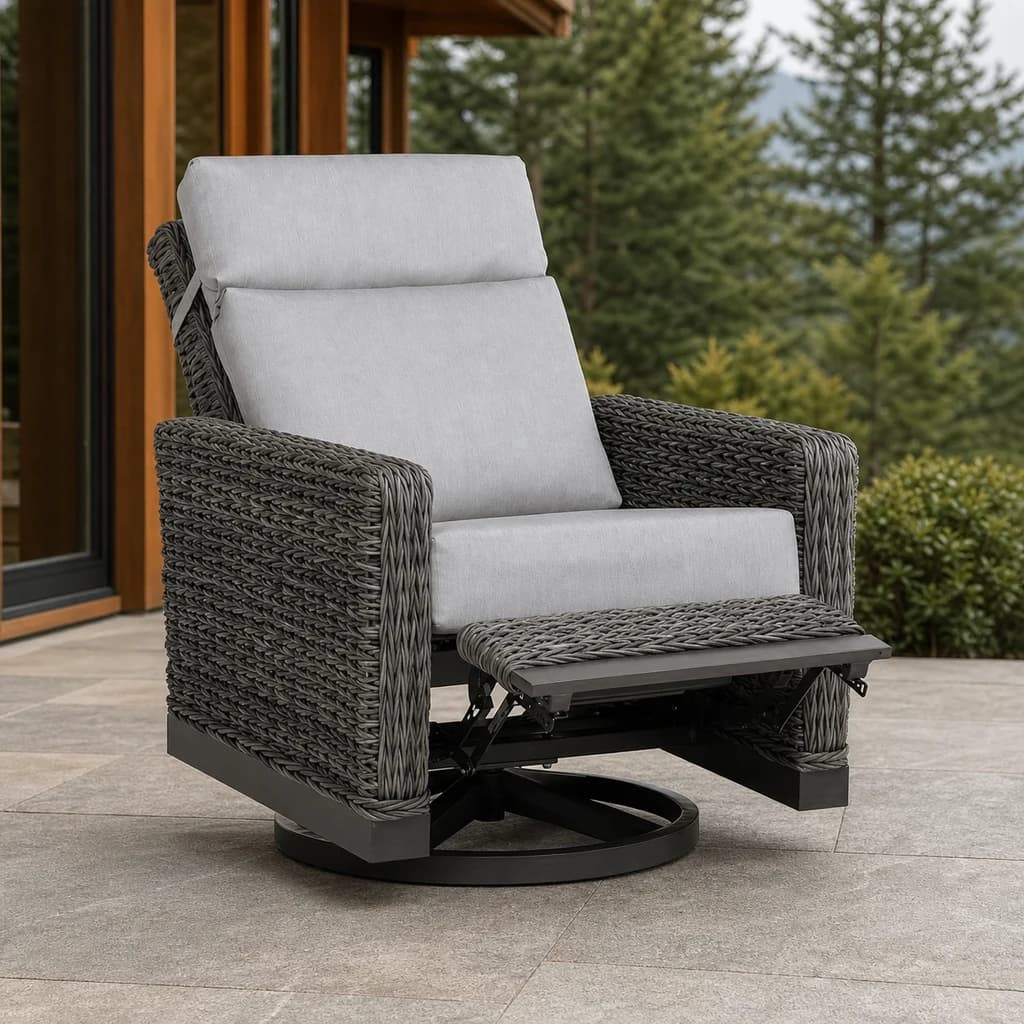 Ratana FN51788 Boston Swivel Recliner with extended woven footrest and light gray cushions on a cedar patio.