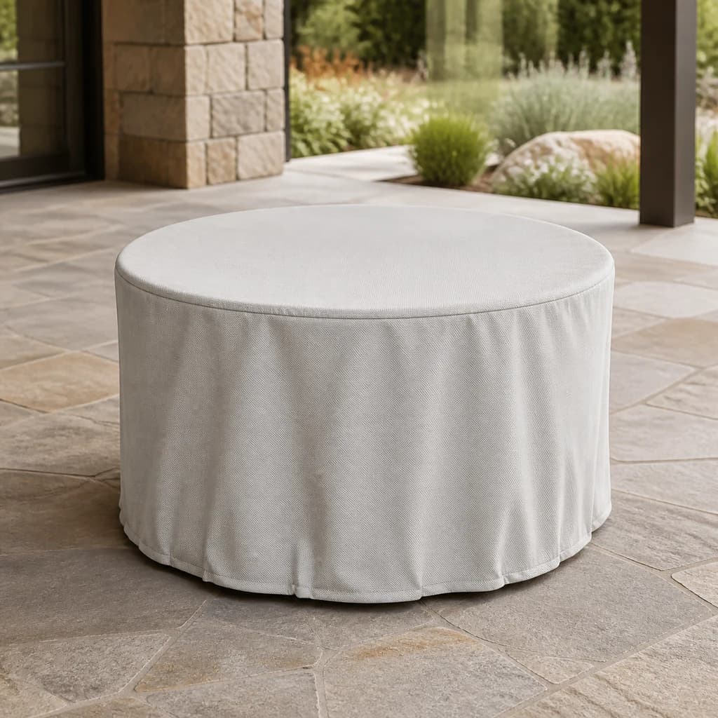 Ratana FN52599-CR42 round fire-pit protective cover on a premium covered patio.