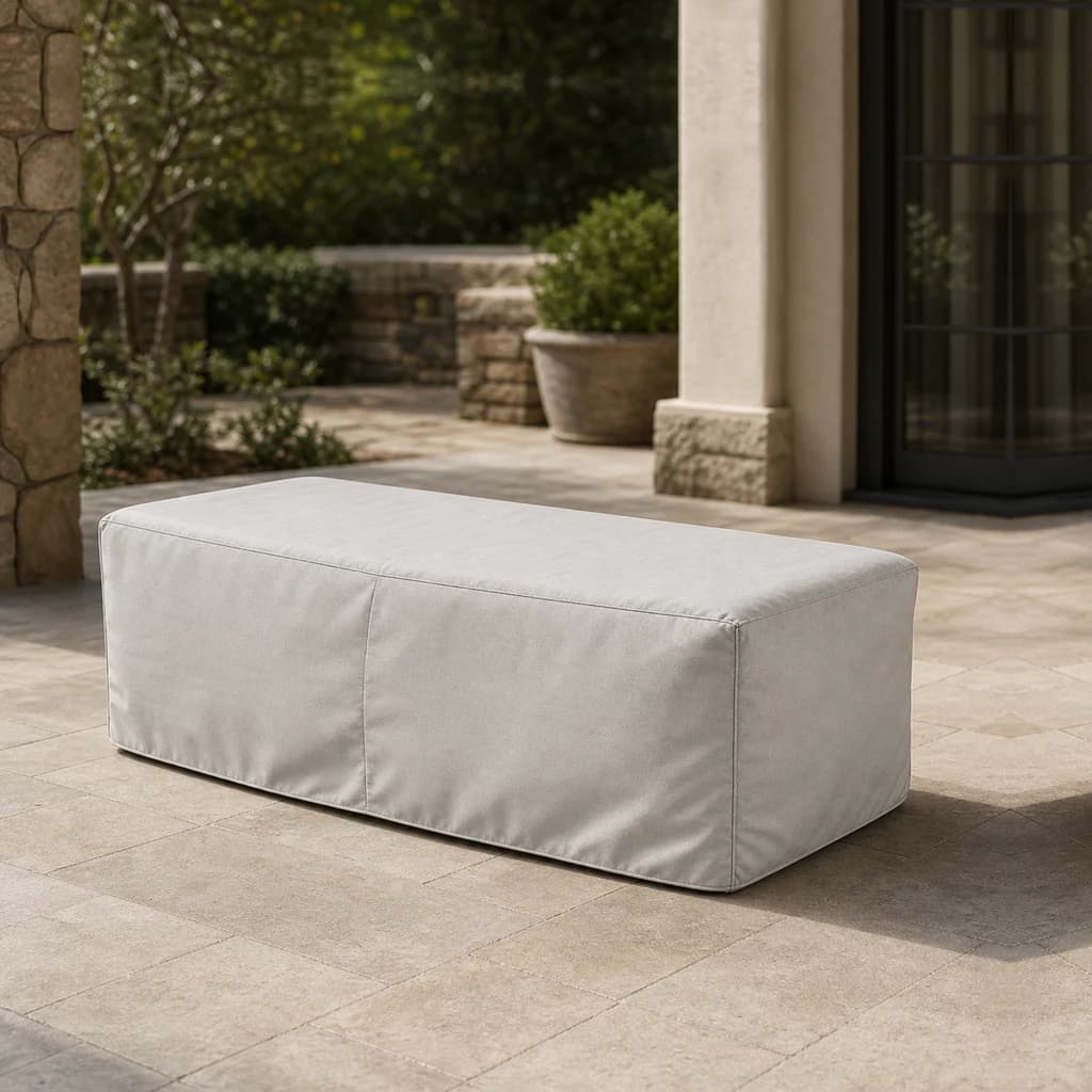 Ratana FN52599-CT54 long rectangular fire-pit protective cover on a premium covered patio.