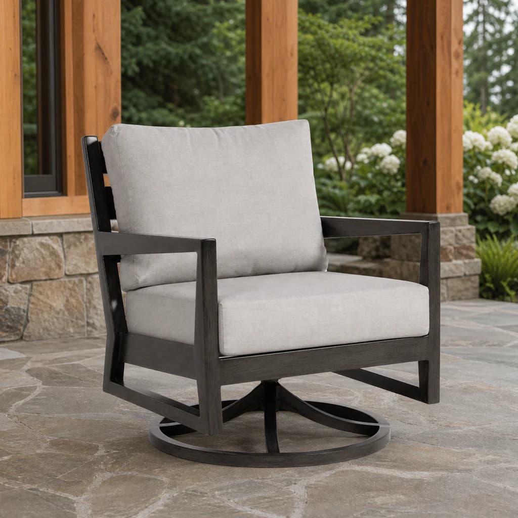 Ratana FN54468 Lucia swivel rocker on a Pacific Northwest covered terrace.