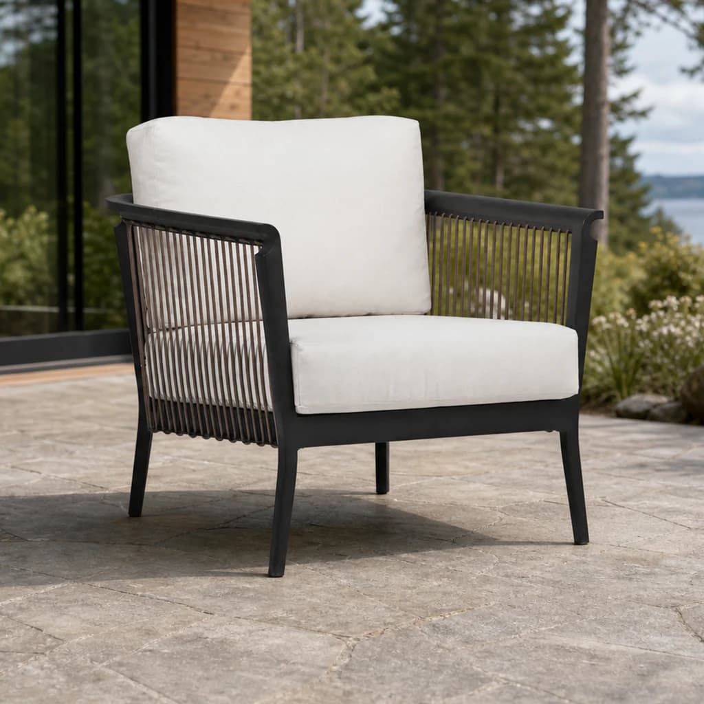 Ratana FN55001 Copacabana club chair with cord-woven sides on a Pacific Northwest patio.