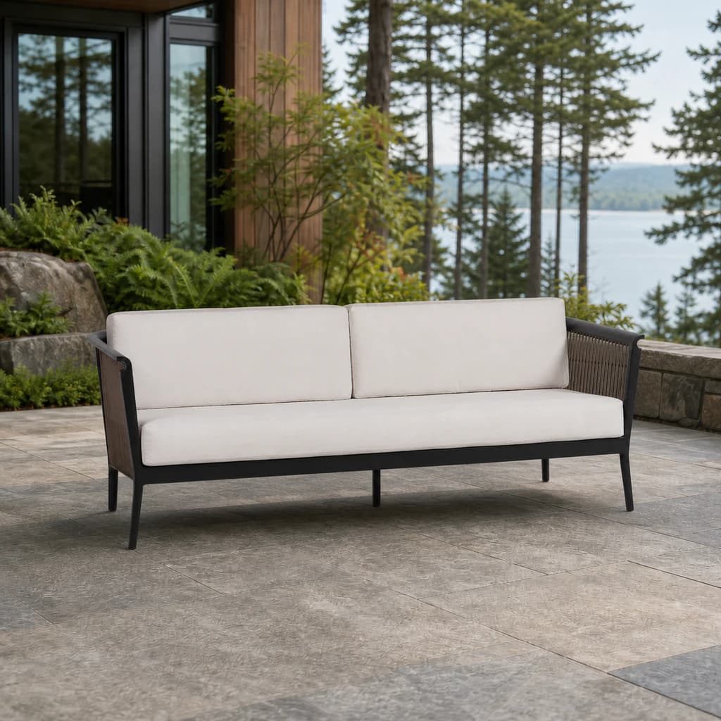 Ratana FN55003 Copacabana sofa with two back cushions on a lake-view stone patio.