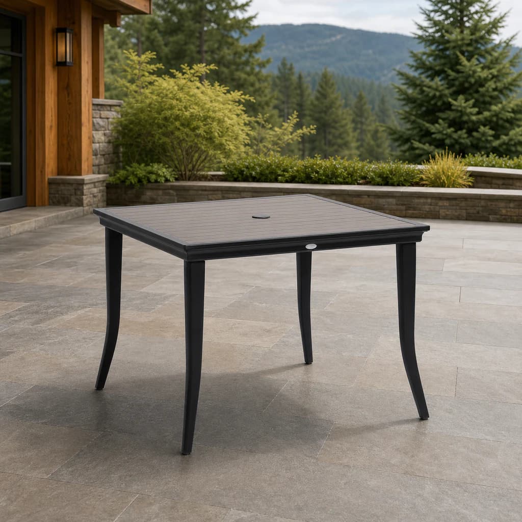 Ratana FN55036 Copacabana 40-inch square dining table with umbrella hole on an evergreen patio.