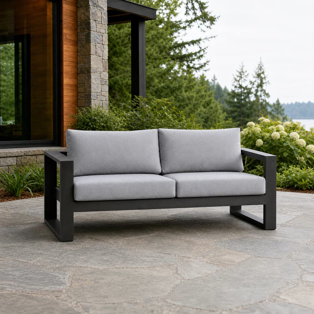 Ratana FN57003 Element 5.0 two-and-a-half-seat sofa on an evergreen patio.