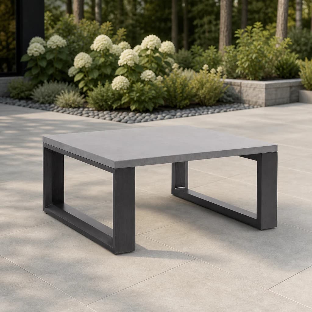 Ratana FN57005 Element 5.0 square sintered-stone coffee table on a hydrangea patio.