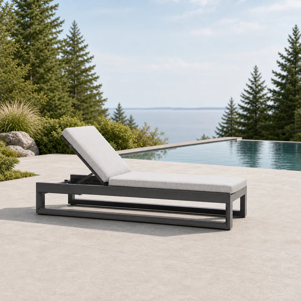 Ratana FN57019 Element 5.0 adjustable lounger on a lakeside pool terrace.
