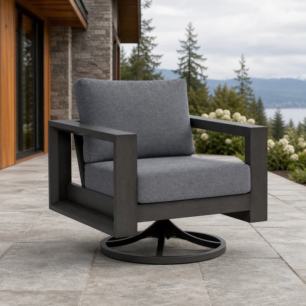 Ratana FN57068 Element 5.0 swivel rocker with circular base on a lake-view patio.