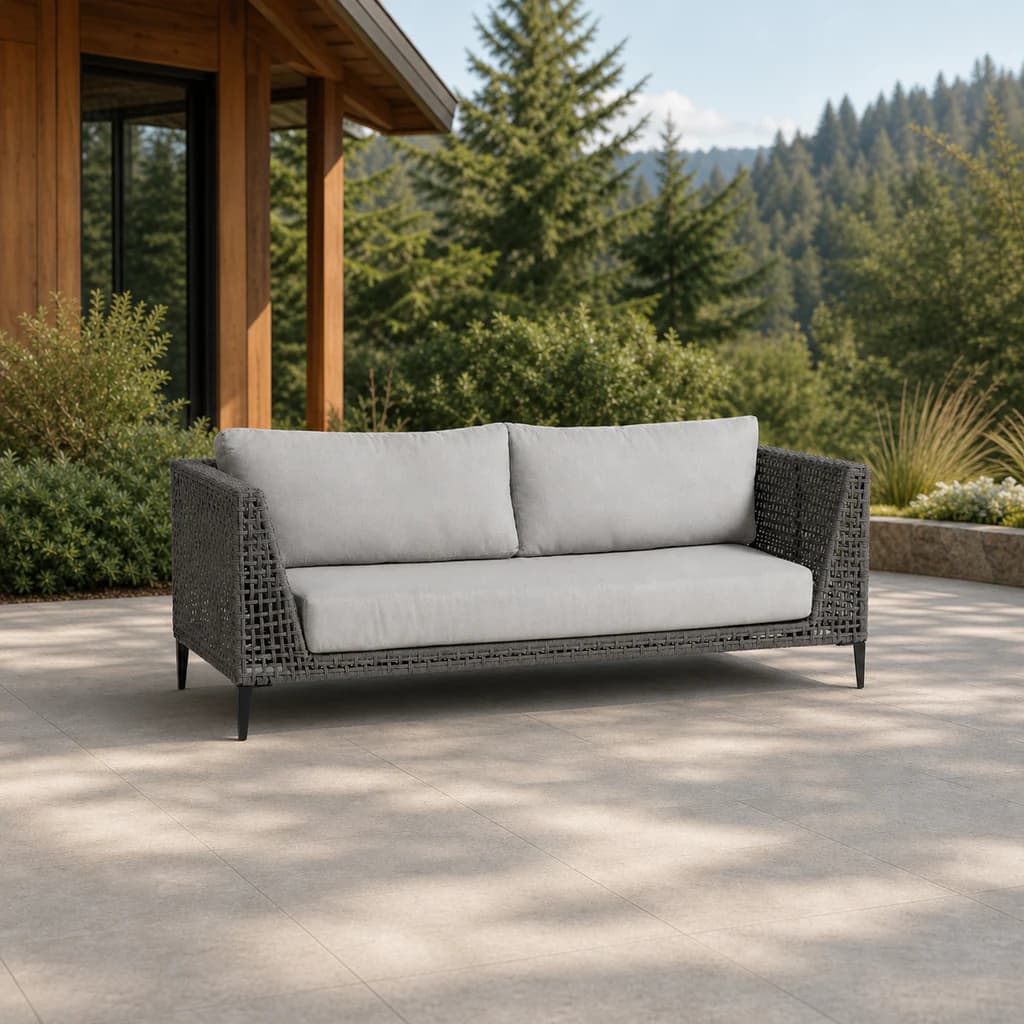 Ratana FN57203 Genval 2.5 sofa on a cedar and evergreen patio.