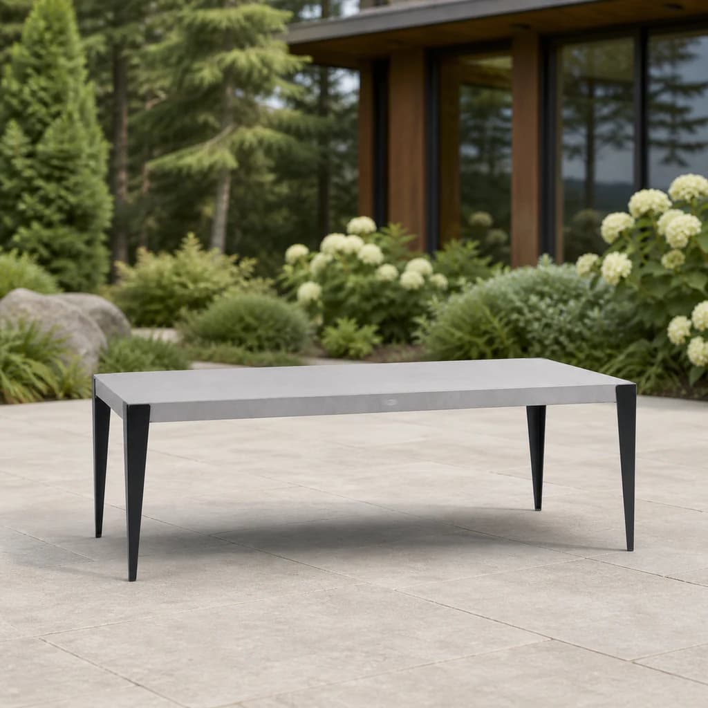 Ratana FN57204 Genval rectangular aluminum coffee table on a garden terrace.