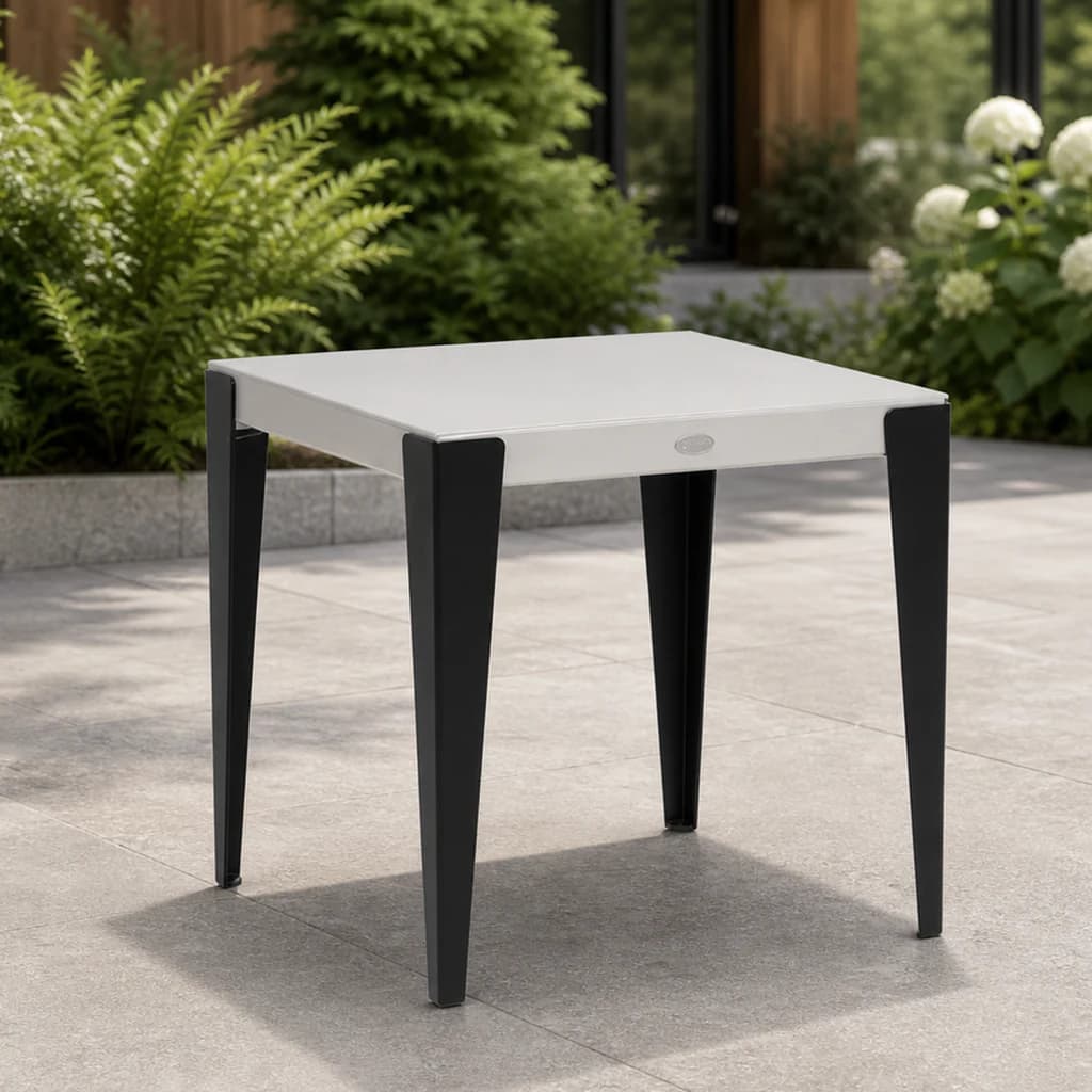 Ratana FN57205 Genval aluminum end table on a hydrangea garden patio.
