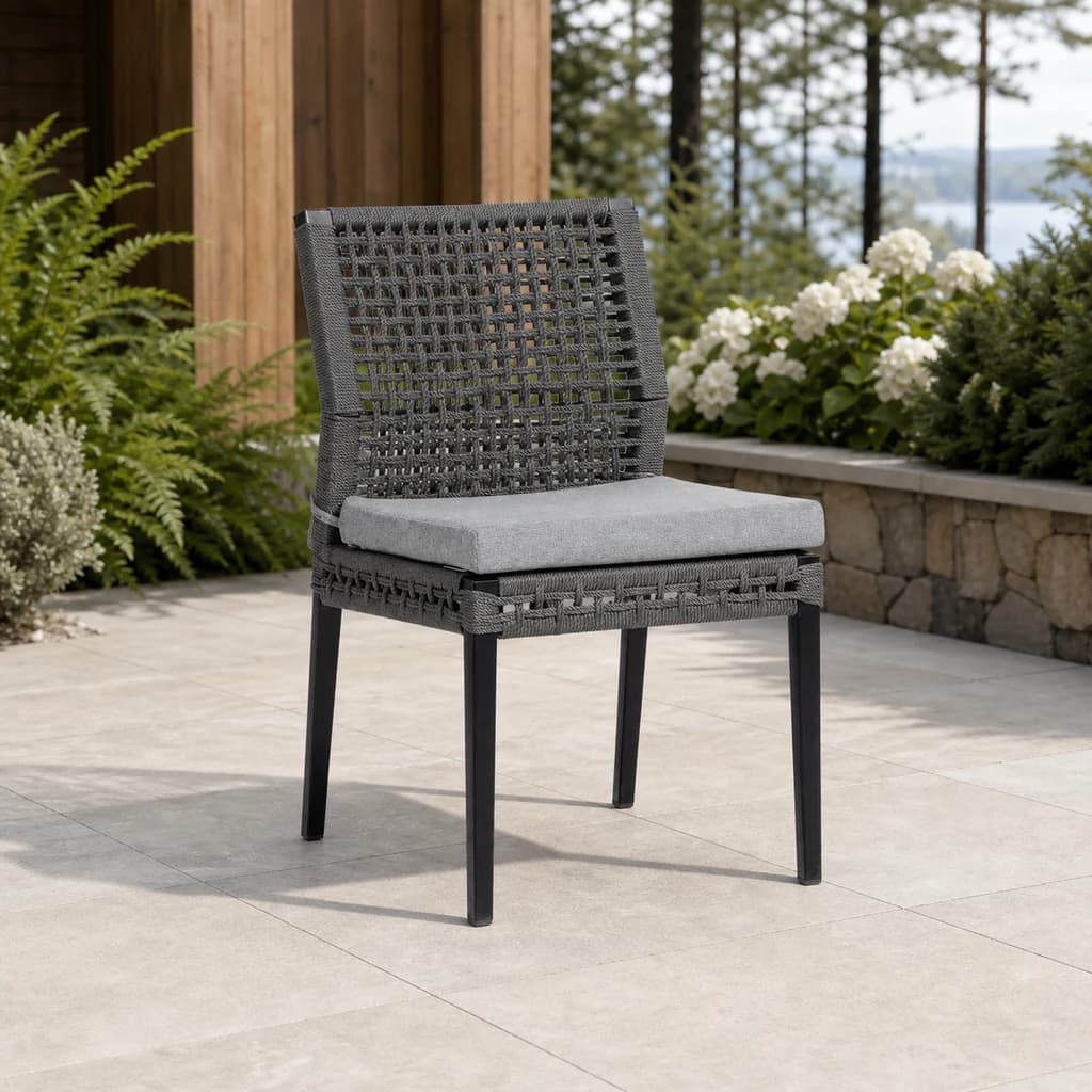 Ratana FN57211 Genval dining side chair on a cedar garden patio.