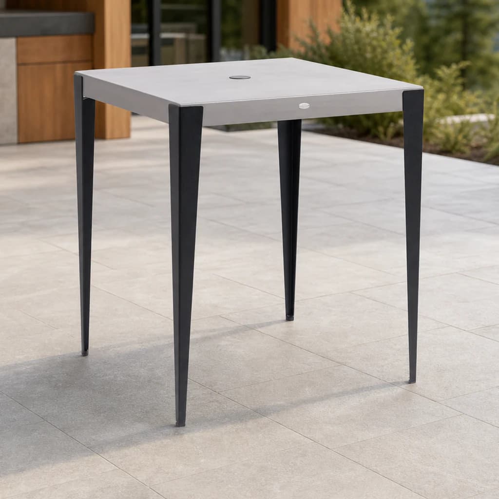 Ratana FN57235 Genval square bar table with umbrella hole on a covered patio.