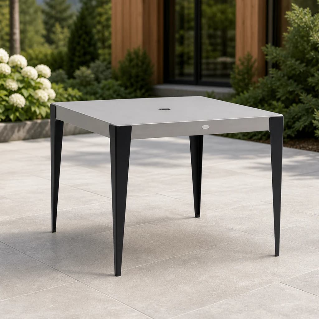 Ratana FN57236 Genval 38-inch square dining table with umbrella hole on a garden patio.