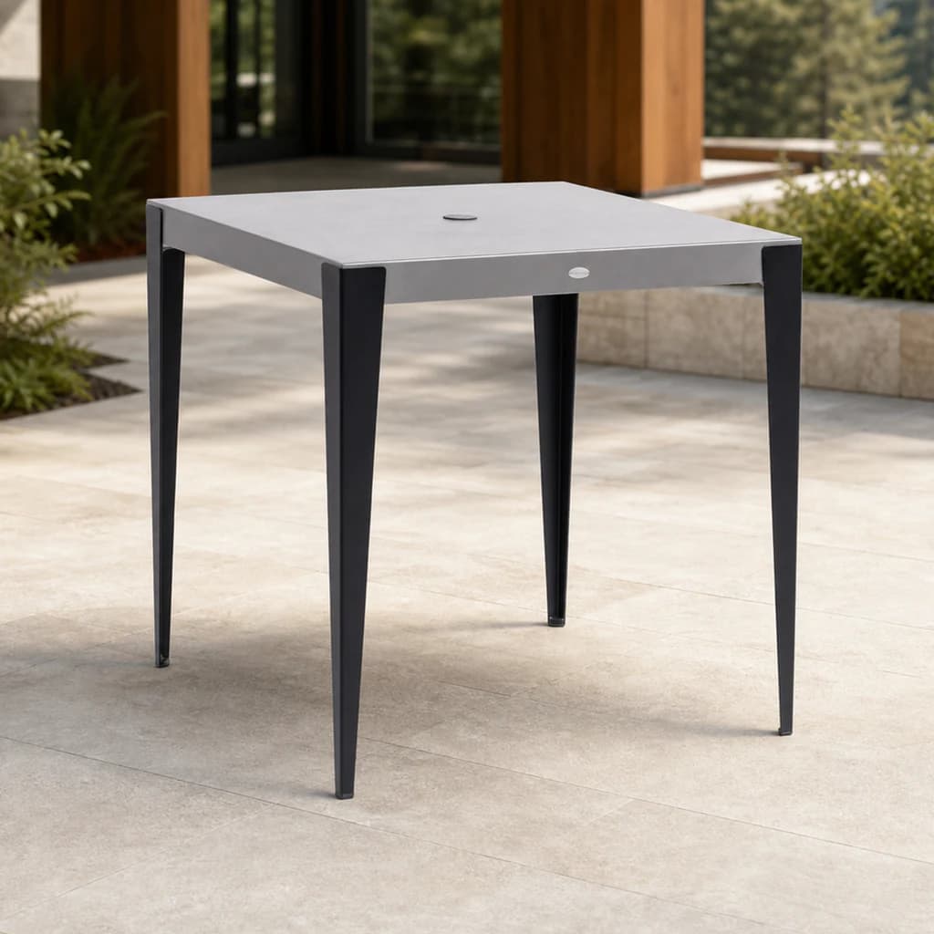 Ratana FN57242 Genval square counter table with umbrella hole on a cedar patio.