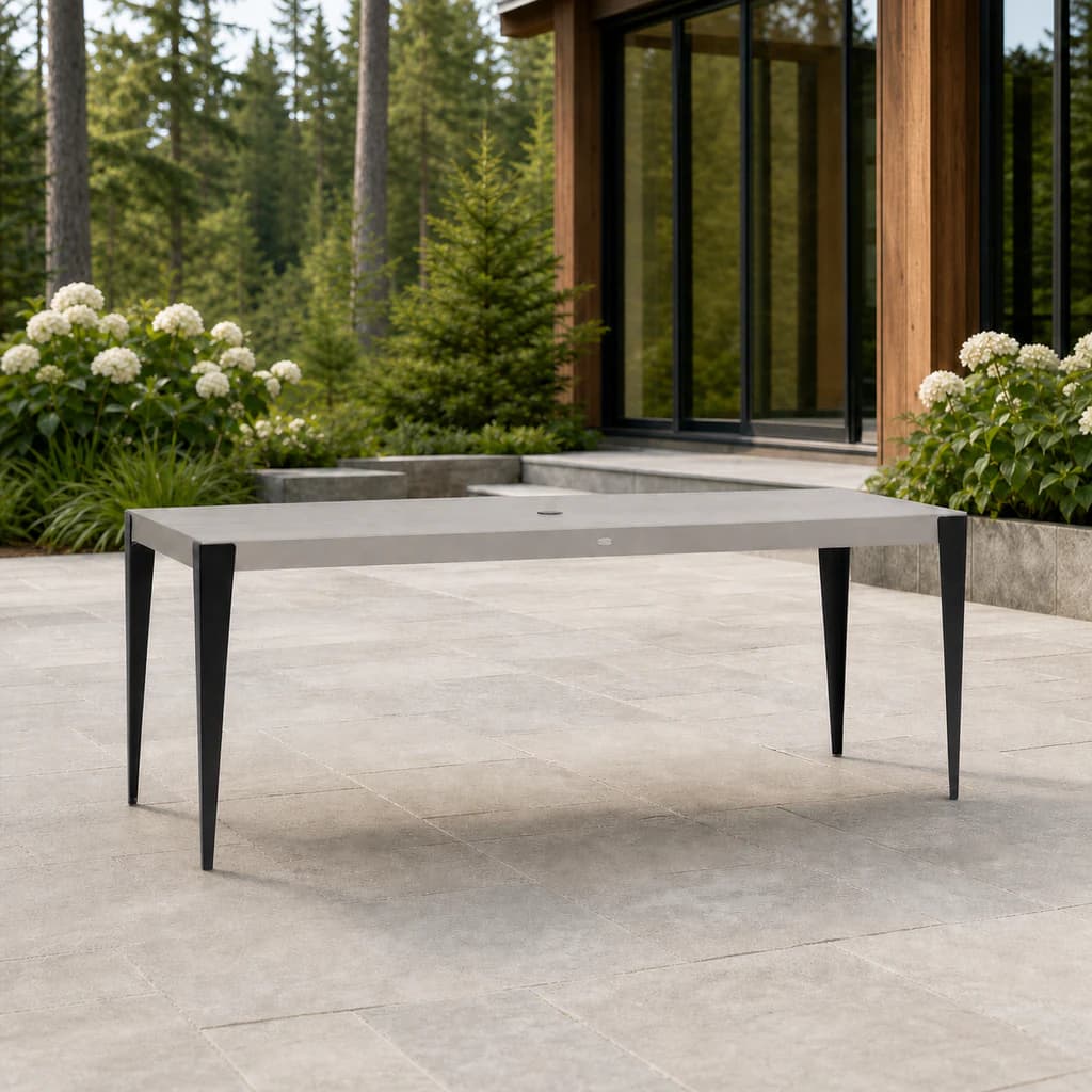 Ratana FN57262 Genval 84.5-inch rectangular dining table with umbrella hole on a garden terrace.