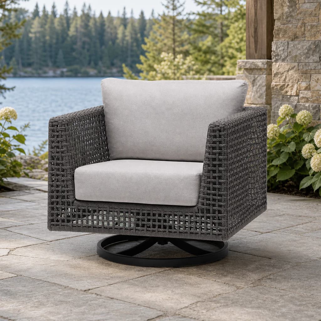 Ratana FN57290 Genval swivel gliding club chair on a lake-view patio.