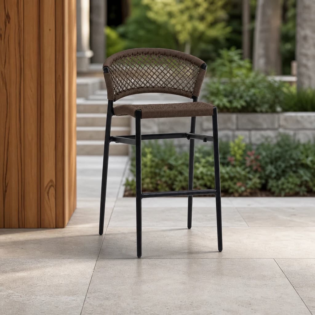 Ratana Ria brown open-rope bar chair on a premium Pacific Northwest terrace.