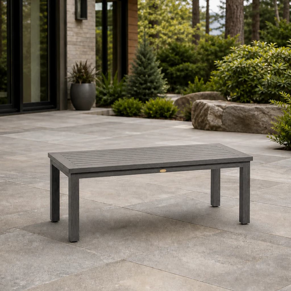 Ratana FN61104 Canbria rectangular slatted coffee table on a premium evergreen patio.