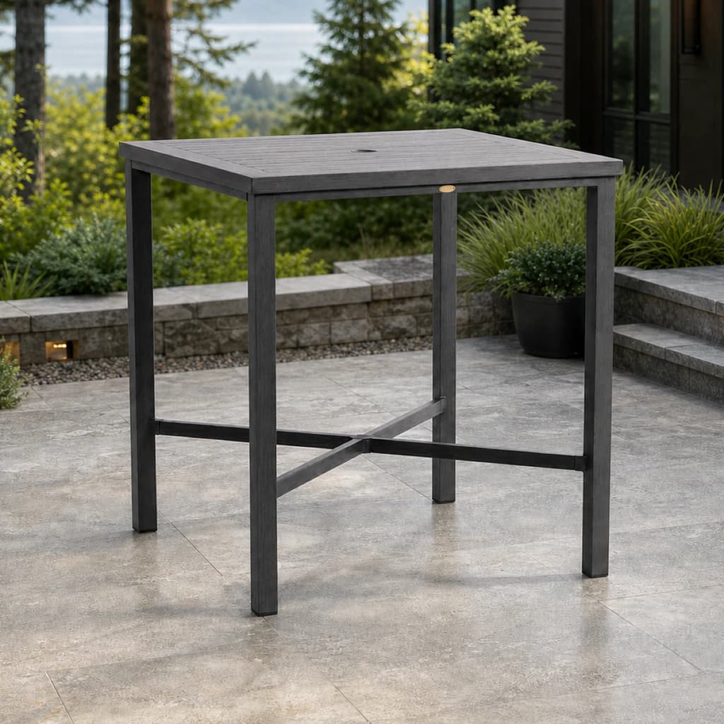 Ratana FN61135 Canbria 39-inch square bar table with umbrella hole on an evergreen patio.