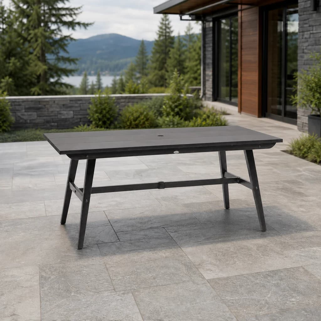 Ratana FN61150 Canbria 82 by 44 inch bench table with umbrella hole on a mountain patio.