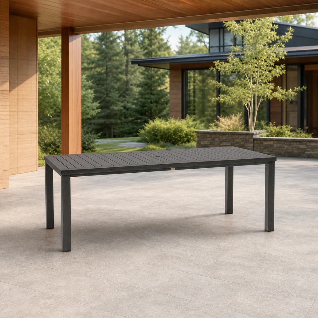 Ratana FN61163 Canbria 84-by-44-inch rectangular dining table with umbrella hole on a premium cedar patio.