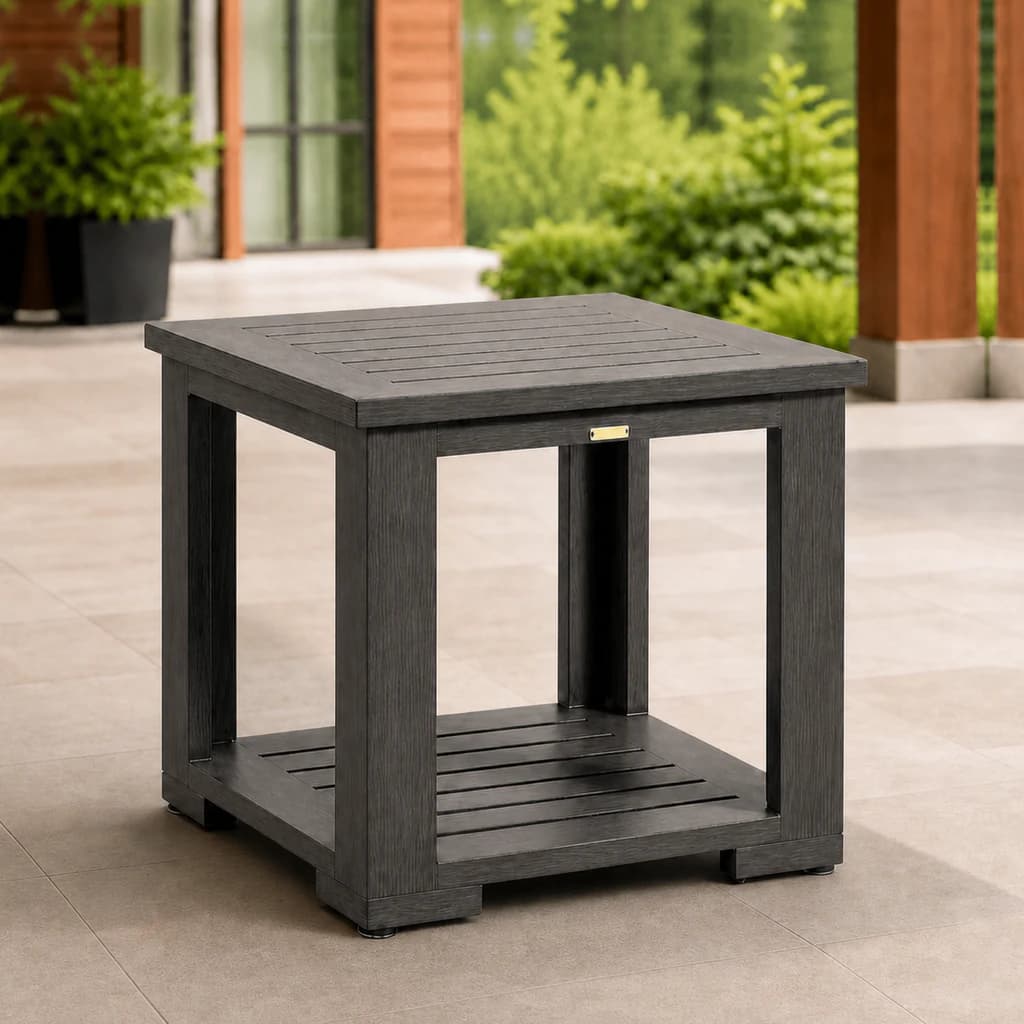 Ratana FN61205 Cubo square end table with lower slatted shelf on a premium Pacific Northwest patio.