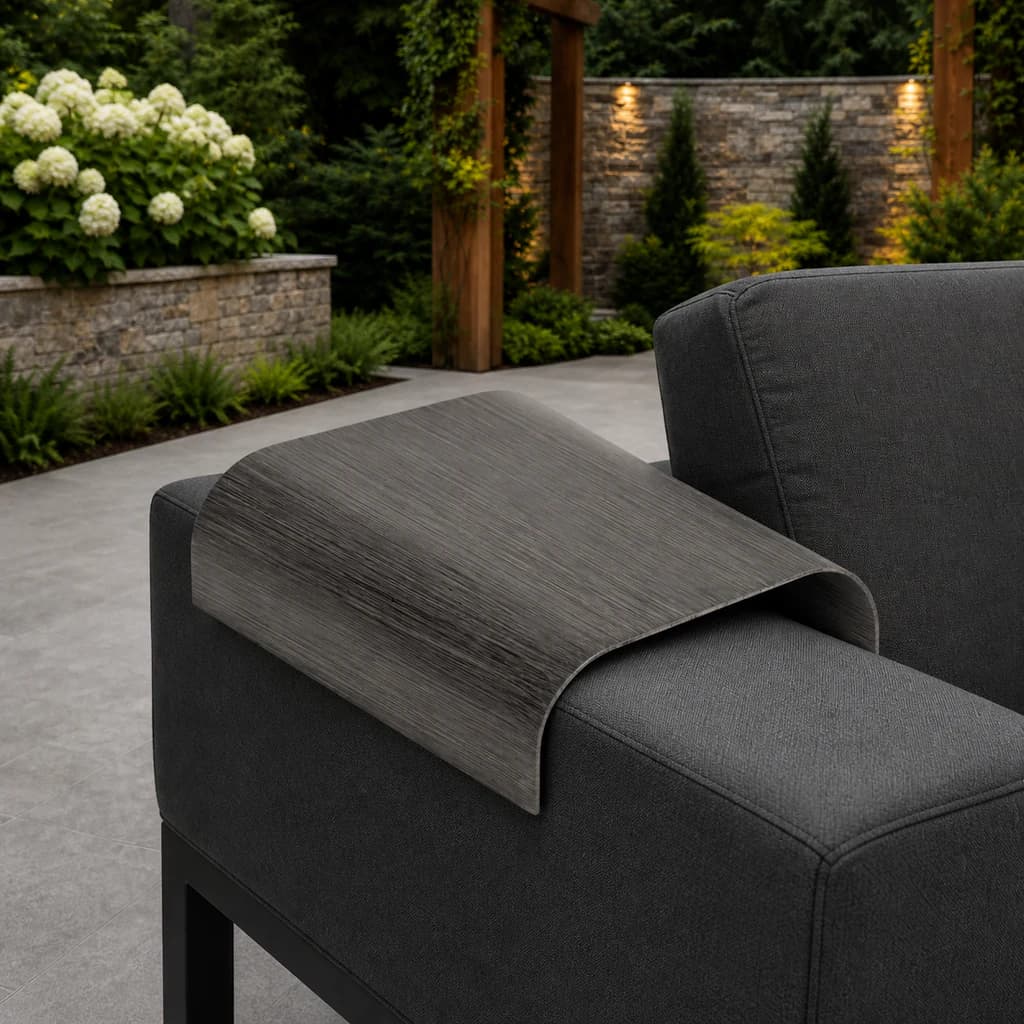 Ratana FN61206 Cubo dark woodgrain curved armrest table mounted on an outdoor lounge arm.