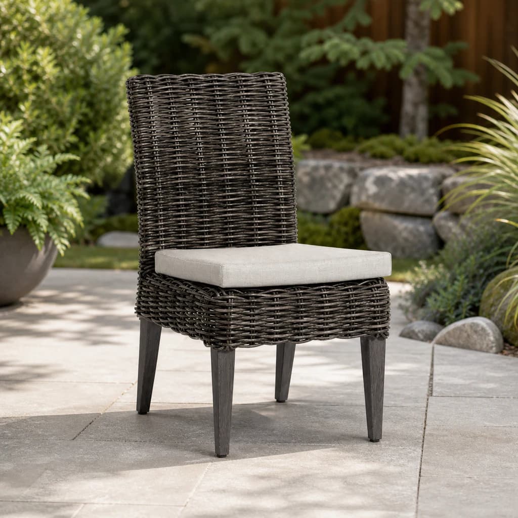 Ratana Cubo dark woven dining side chair with one plain light cushion on a garden patio.