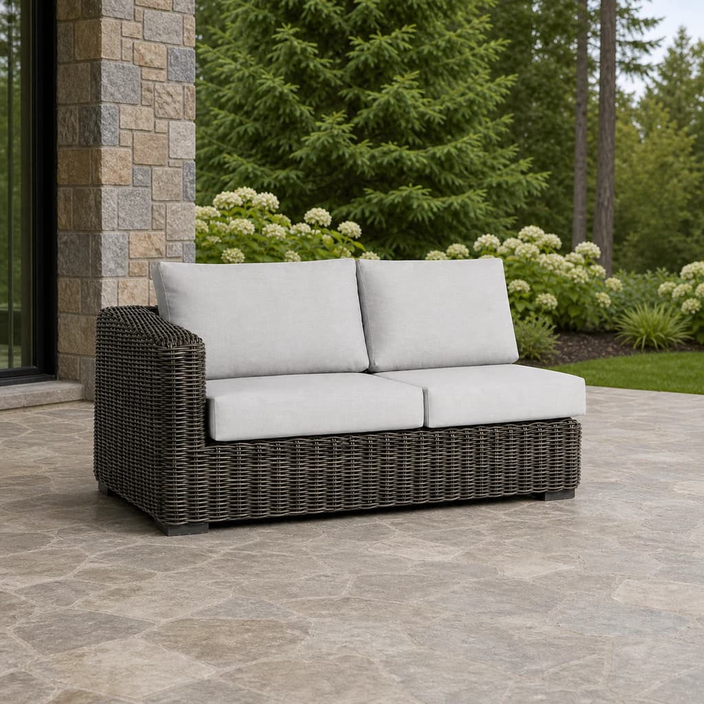 Ratana FN61252-L Cubo two-seat left-arm module on an evergreen patio.