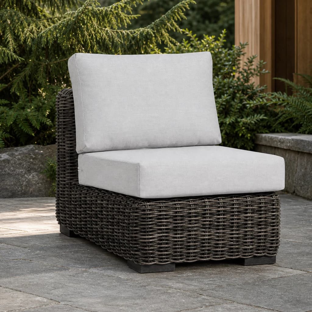 Ratana FN61253-C Cubo armless sectional chair module on a Pacific Northwest terrace.
