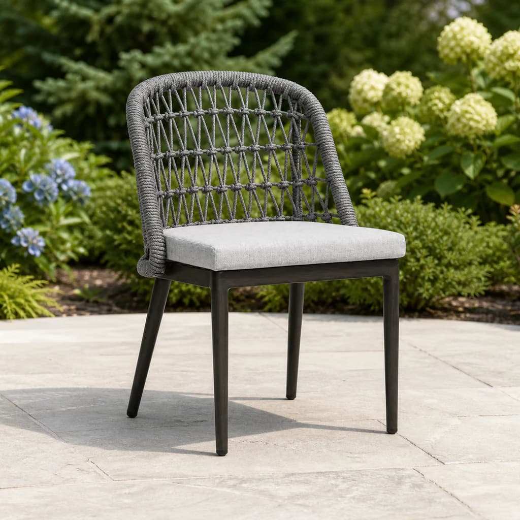 Ratana FN61311 Poinciana dining side chair on a Pacific Northwest garden patio.