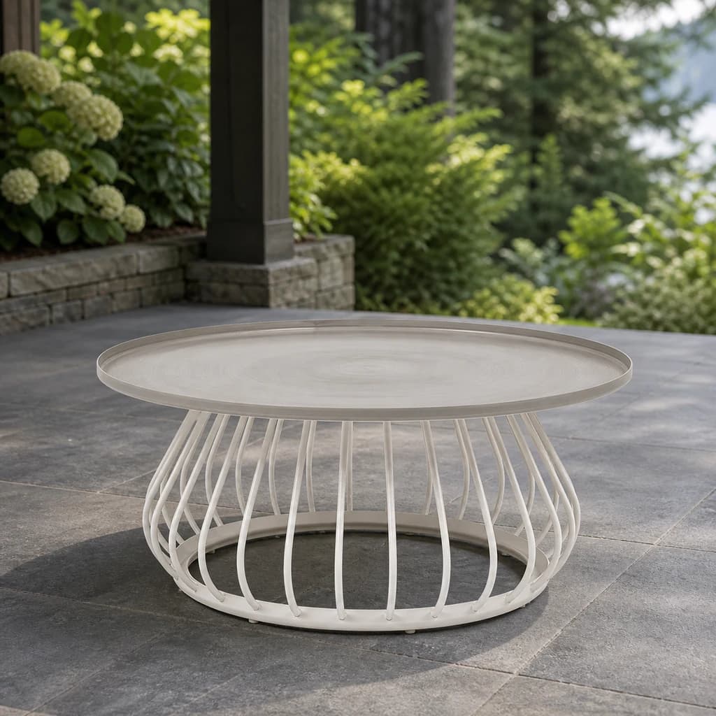 Ratana FN61604 Diva round coffee table on a covered stone patio.