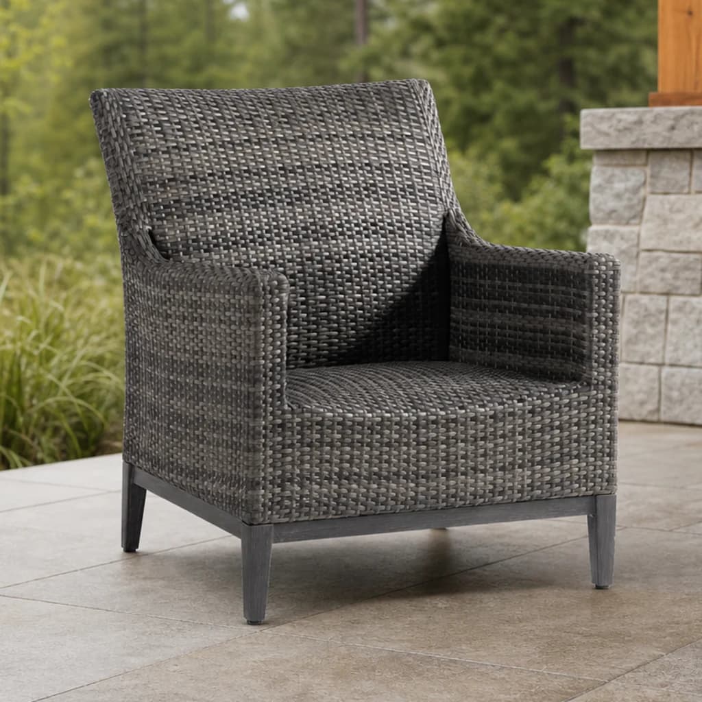 Ratana FN61701 Biltmore Club Chair in variegated charcoal weave on a covered Pacific Northwest patio.