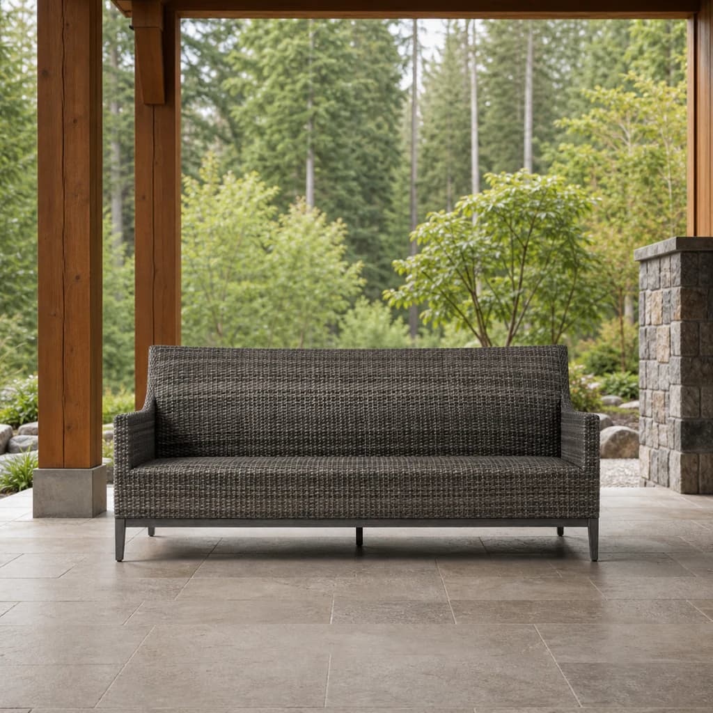 Ratana FN61703 Biltmore three-seat Sofa in charcoal weave on a covered evergreen patio.