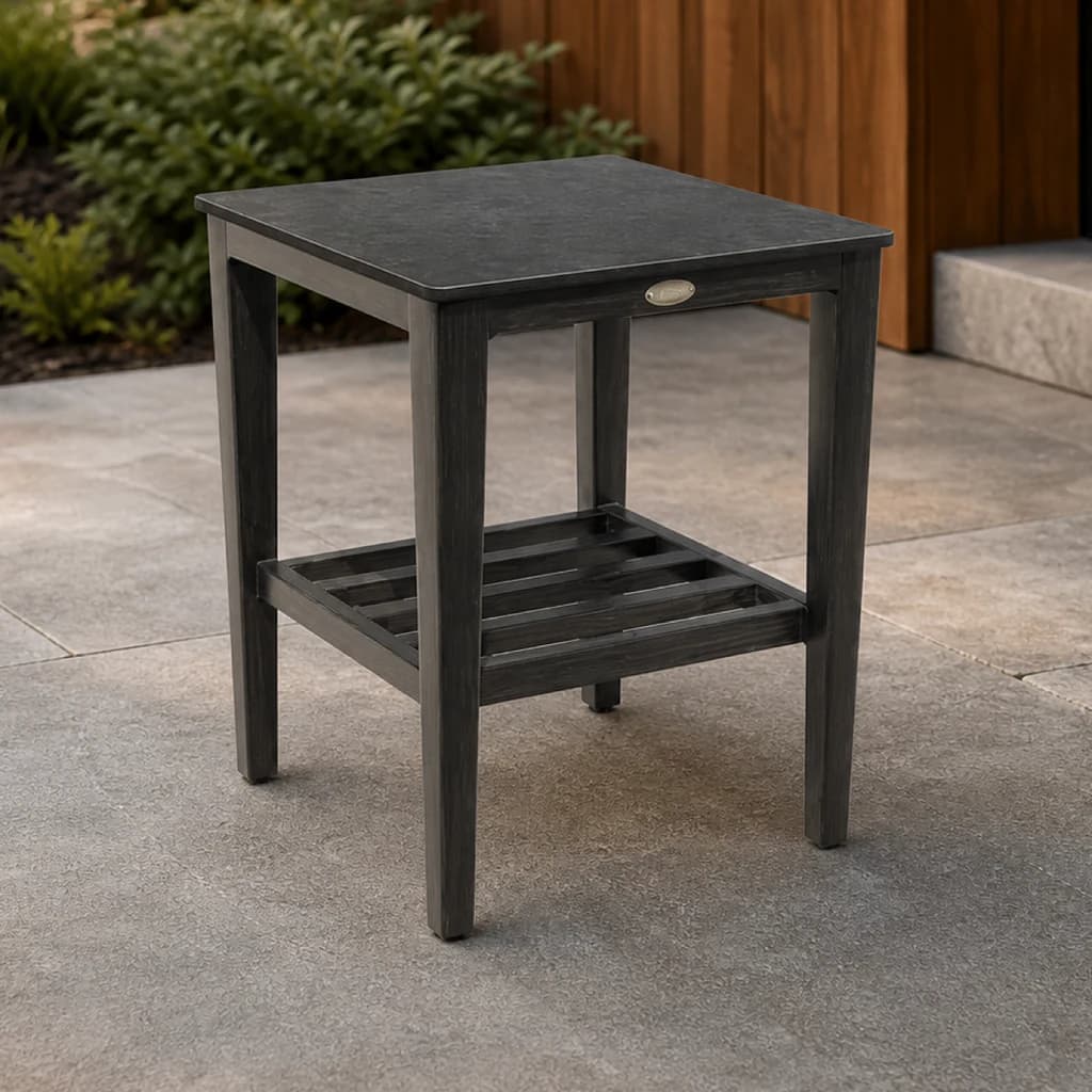 Ratana FN61706 Biltmore 18-inch Square Sintered Stone Side Table on a cedar-and-stone patio.