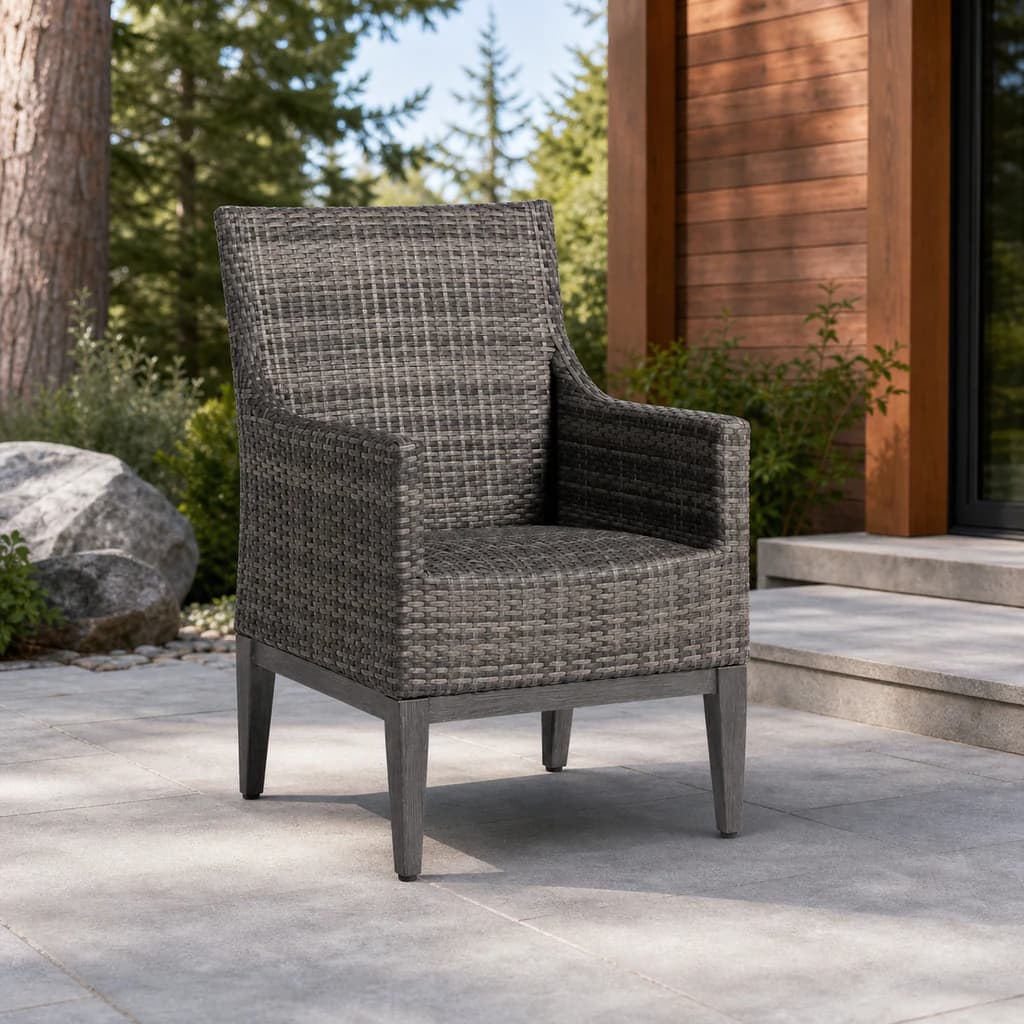 Ratana FN61712 Biltmore Dining Arm Chair in variegated charcoal weave on a premium Pacific Northwest patio.