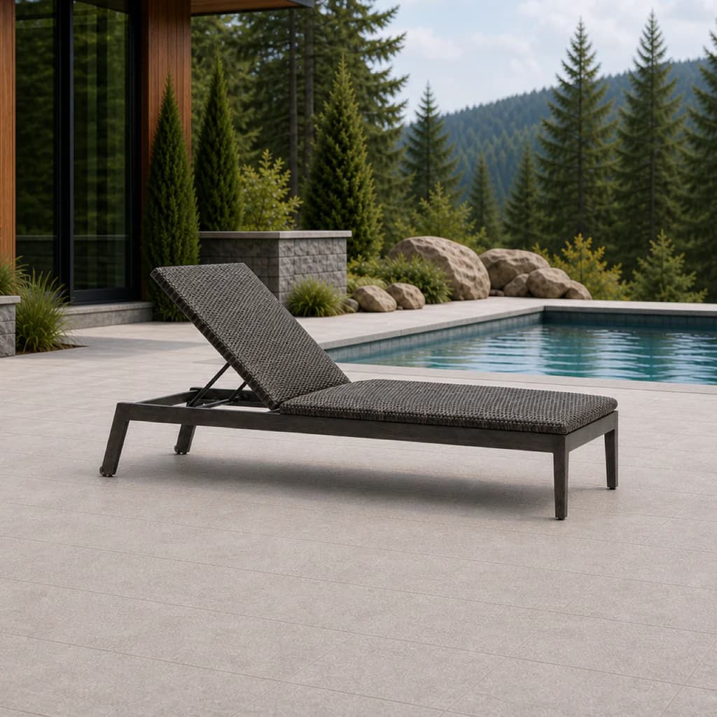Ratana FN61720 Biltmore Adjustable Lounger with visible adjustment hardware and integrated wheels beside a pool.