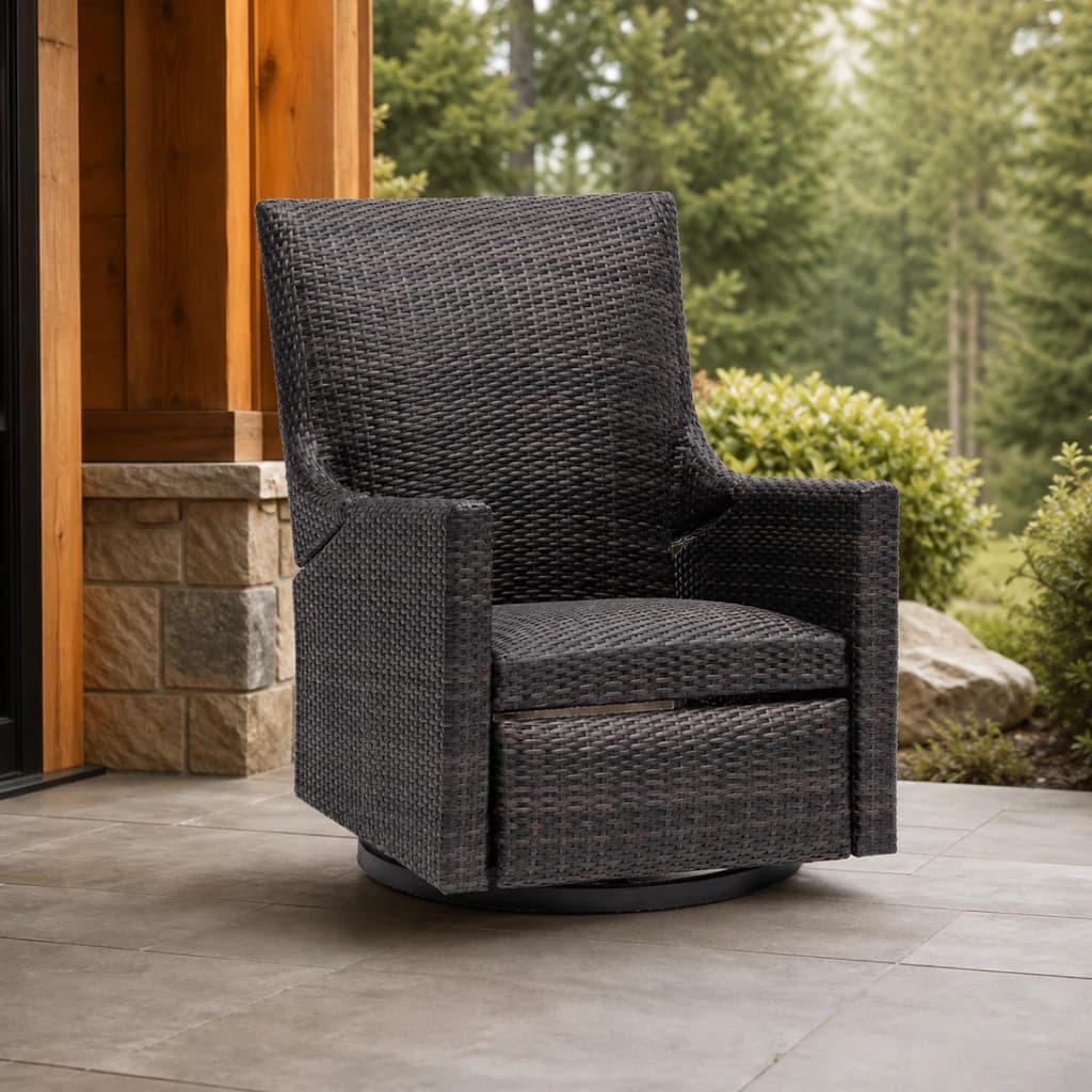 Ratana FN61788 Biltmore Swivel Recliner with dark woven body and circular swivel base on a covered patio.