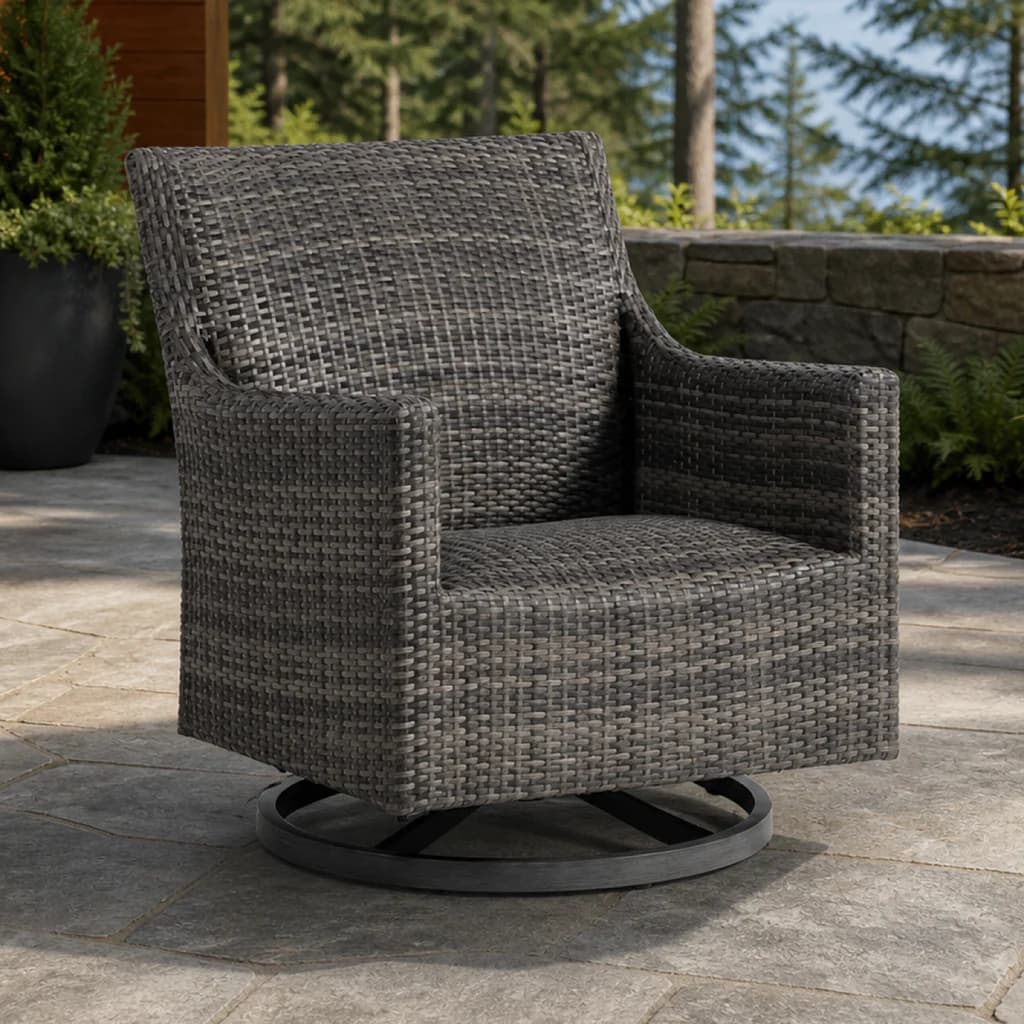 Ratana FN61790 Biltmore Swivel Gliding Club Chair with exposed circular base on a premium patio.