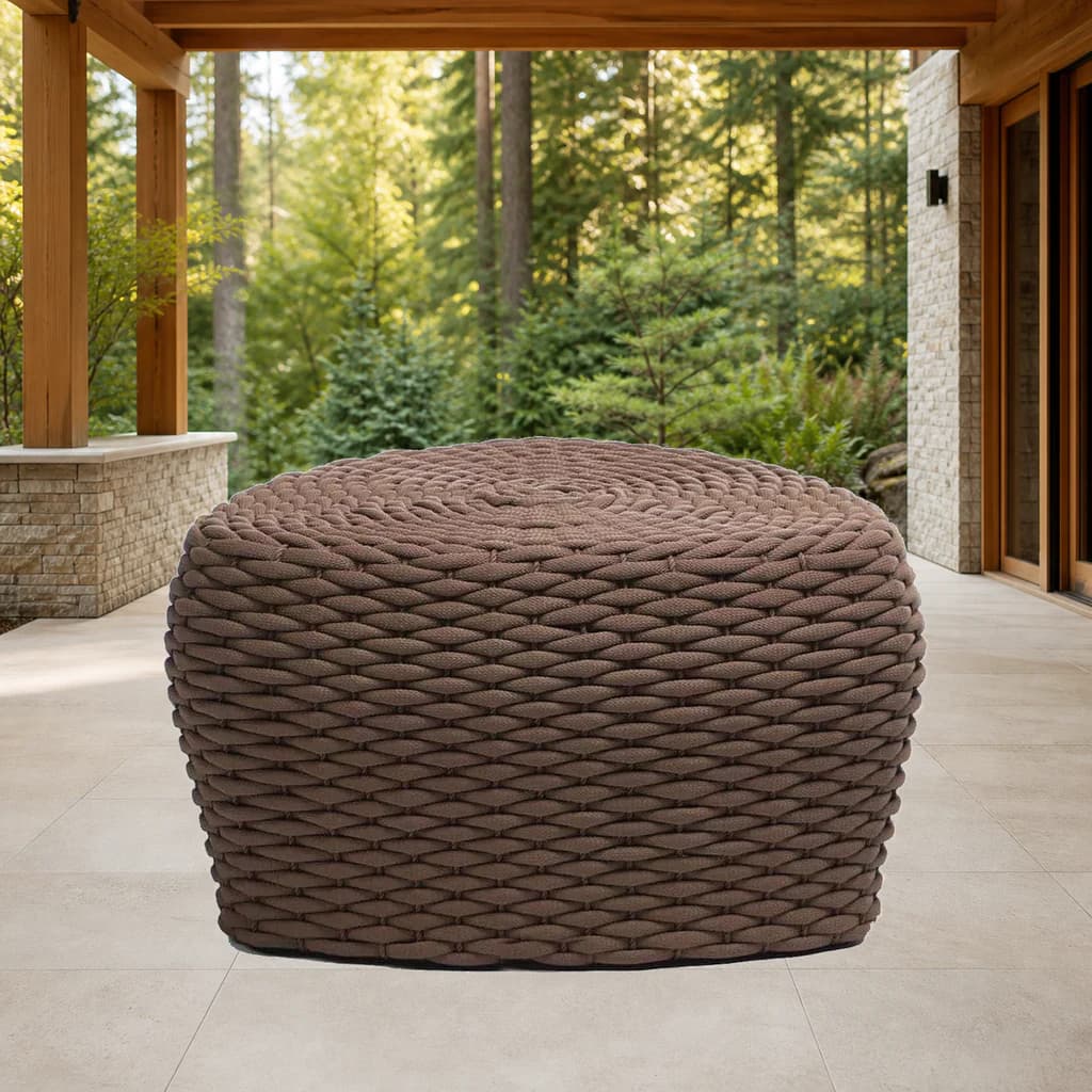 Ratana FN62016-S Roca short brown woven stool on a premium Pacific Northwest covered patio.