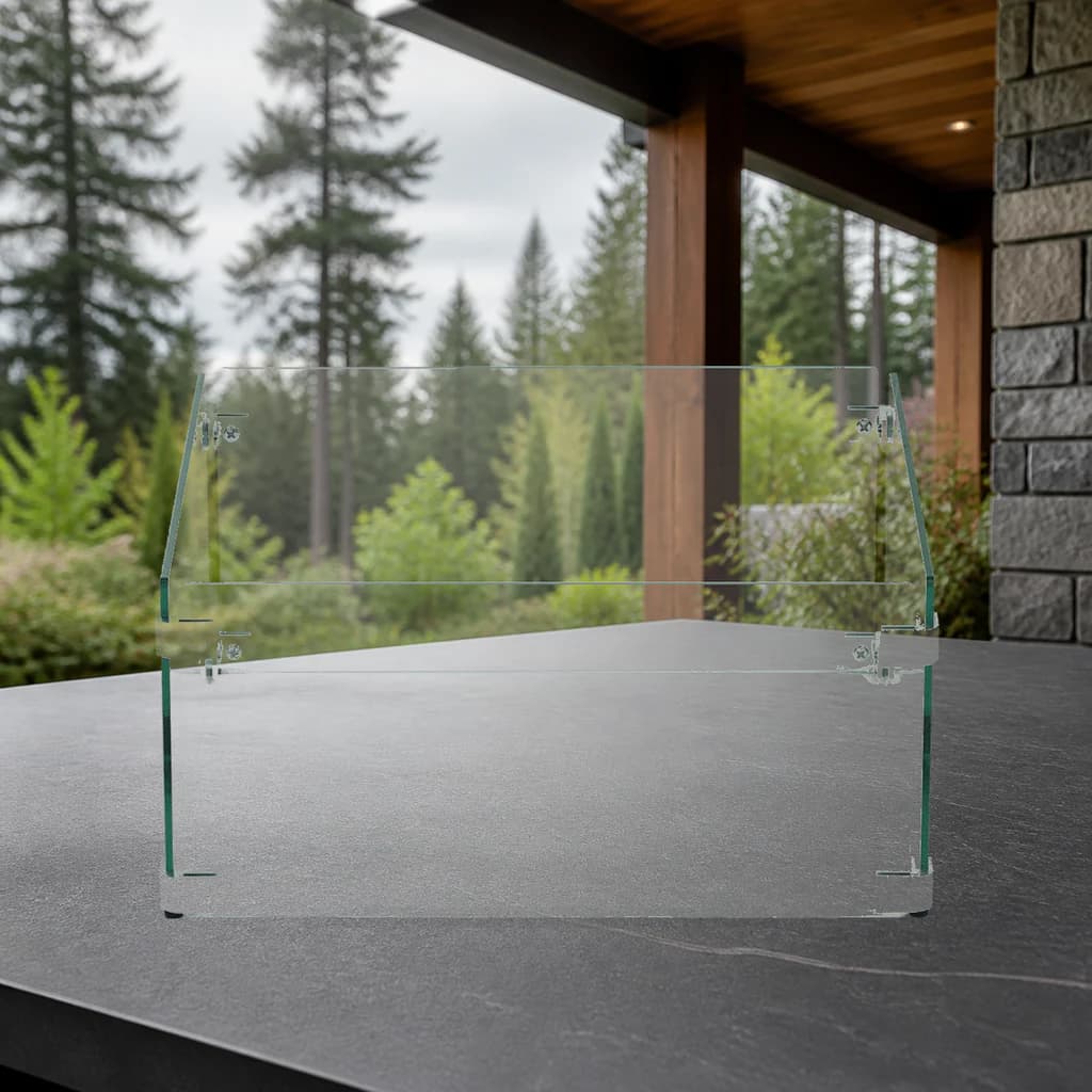 Ratana FN62600WIN-SN-SN-SN-SN-S square fire-pit glass windshield on a premium Pacific Northwest outdoor stone surface.