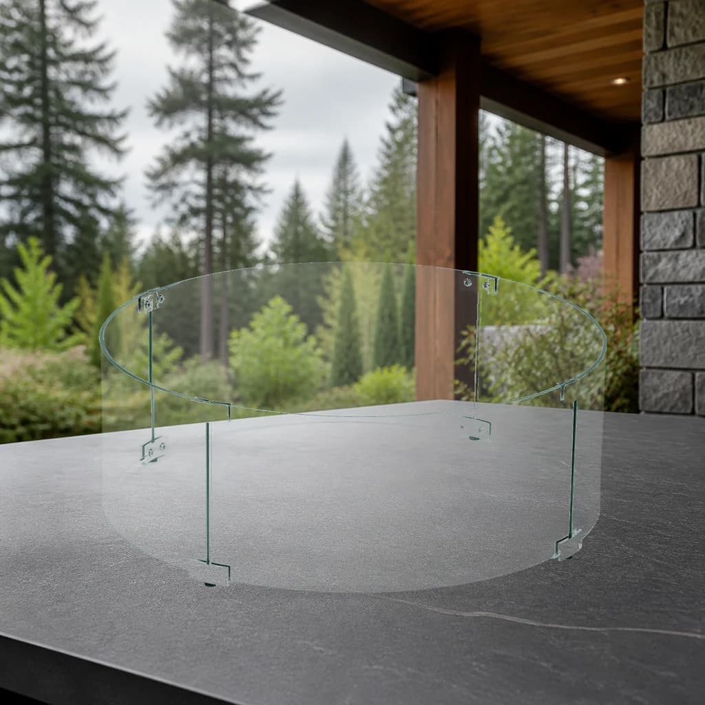Ratana FN62600WIN-R23N-R23N-R23N-R23N-R23 23-inch round fire-pit glass windshield on a premium outdoor stone surface.