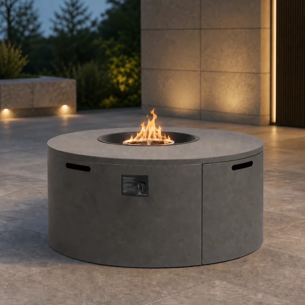Ratana FN62699-R Fiamma round fire pit with burner lid in an evening patio setting.