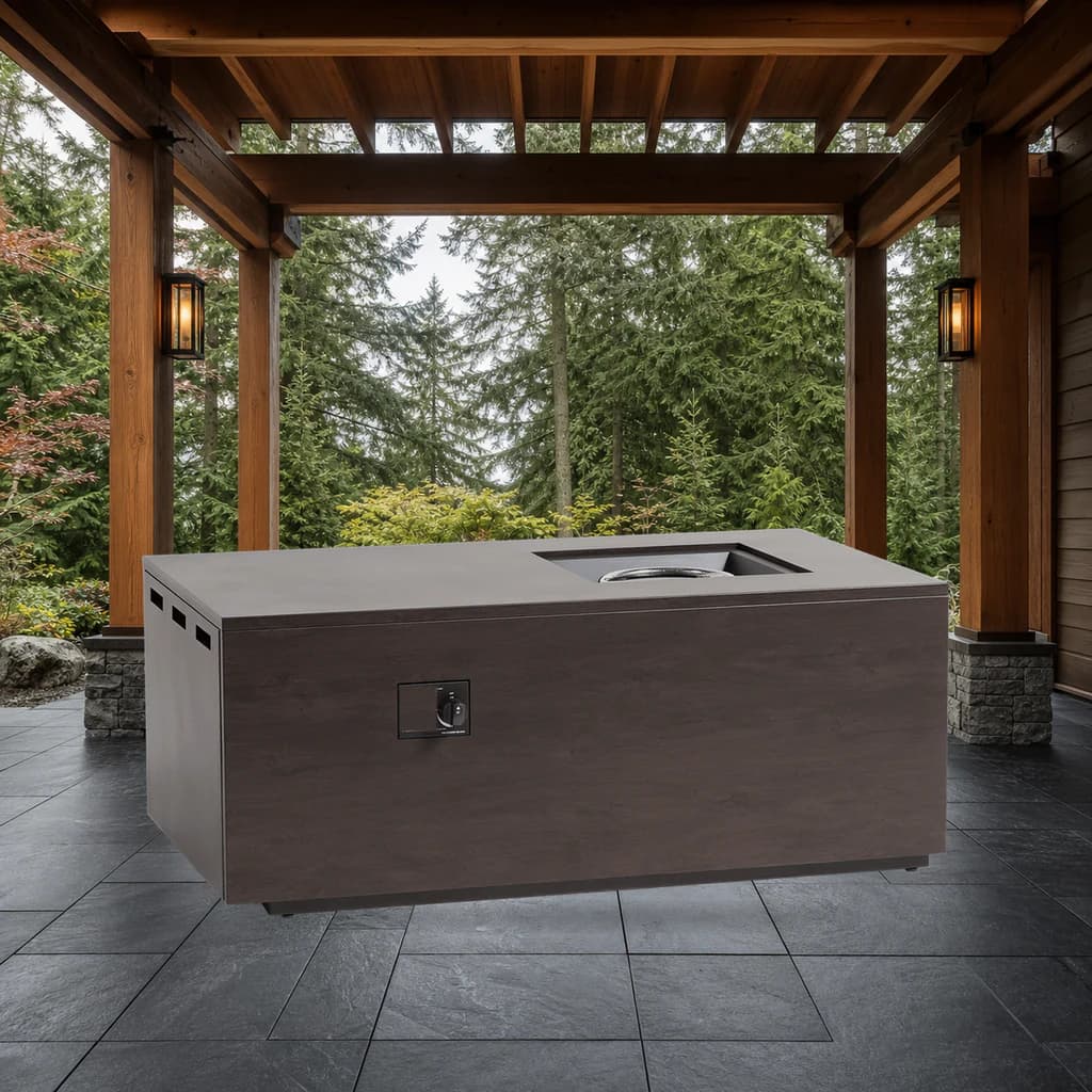 Ratana FN62699-S Fiamma 50-by-30-inch rectangular fire pit on a covered Pacific Northwest patio.