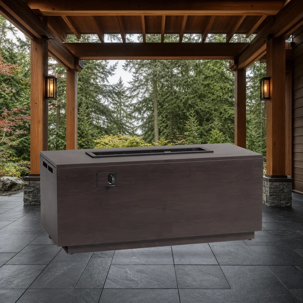 Ratana FN62699-T Fiamma 54-by-24-inch rectangular fire pit on a covered Pacific Northwest patio.