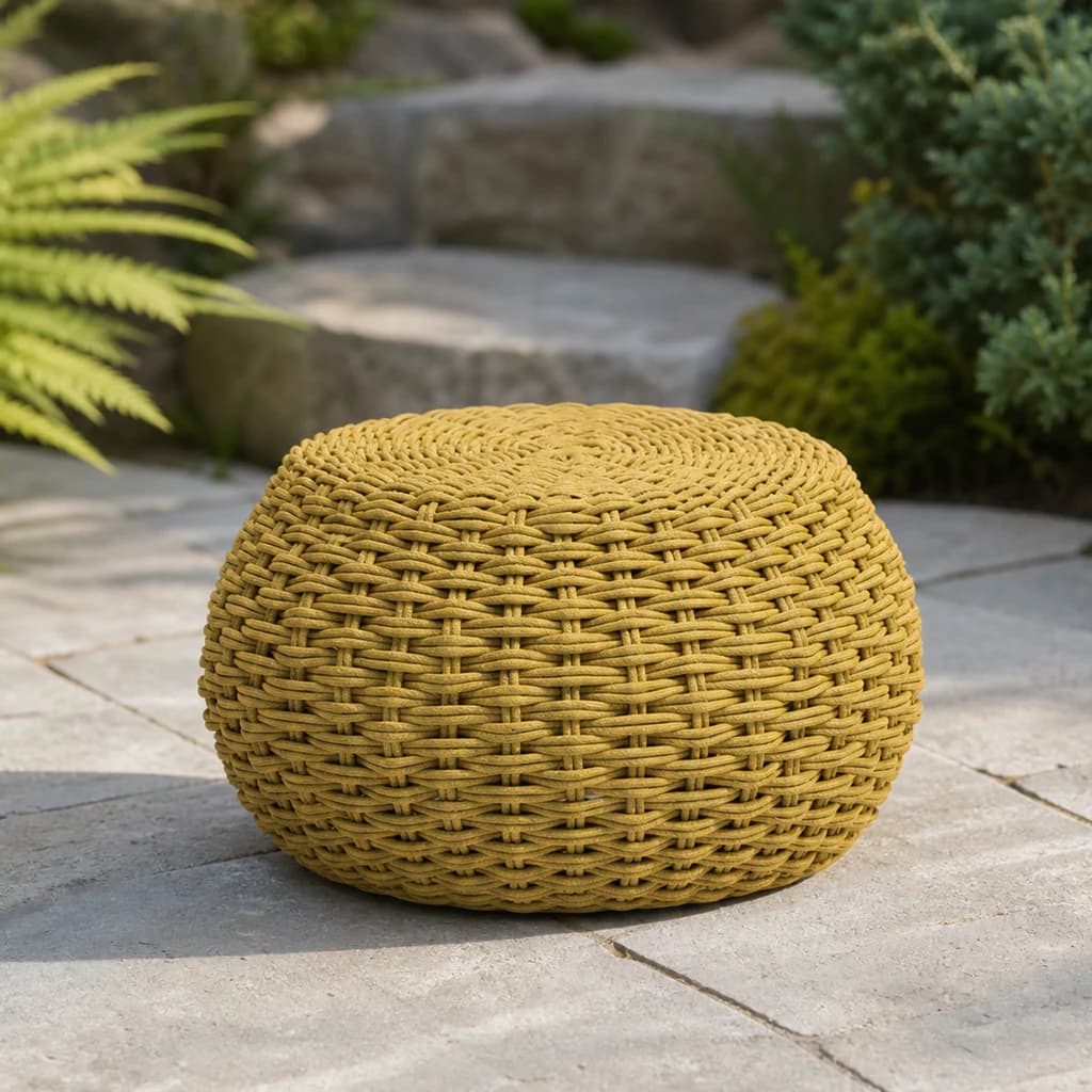 Ratana FN64116-S Giro short mustard woven stool on a Pacific Northwest garden patio.