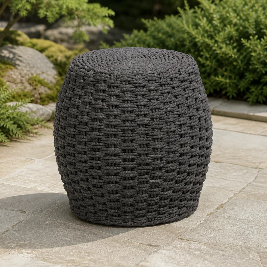 Ratana FN64116-T Giro tall charcoal woven stool on a Pacific Northwest garden patio.