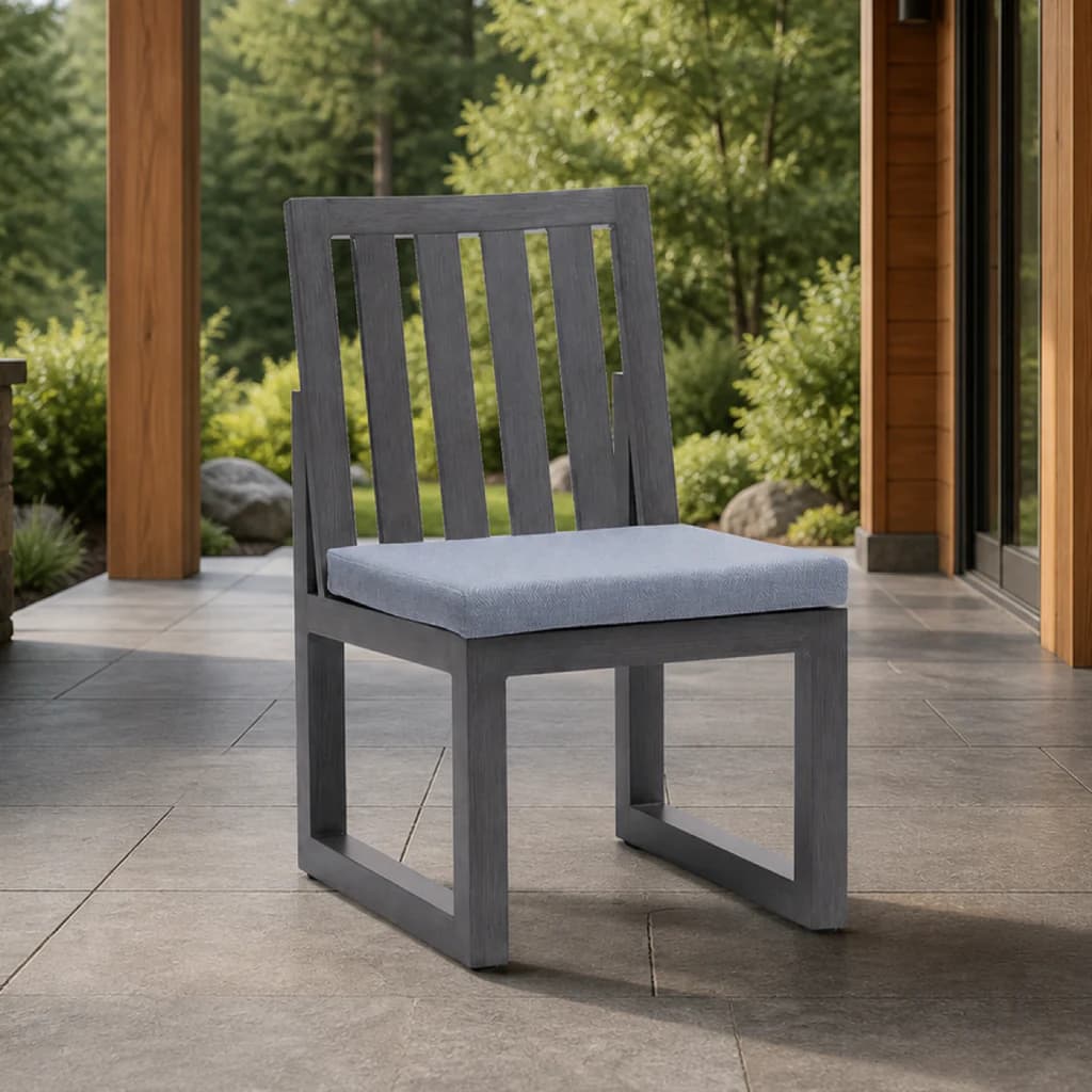Ratana FN64311 Milano armless dining side chair on a covered garden terrace.