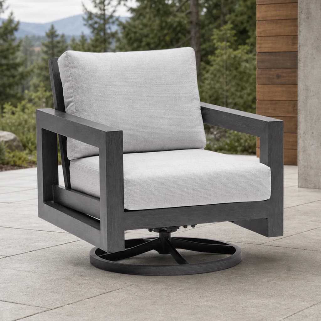 Ratana FN64368 Milano swivel rocker on a covered evergreen terrace.