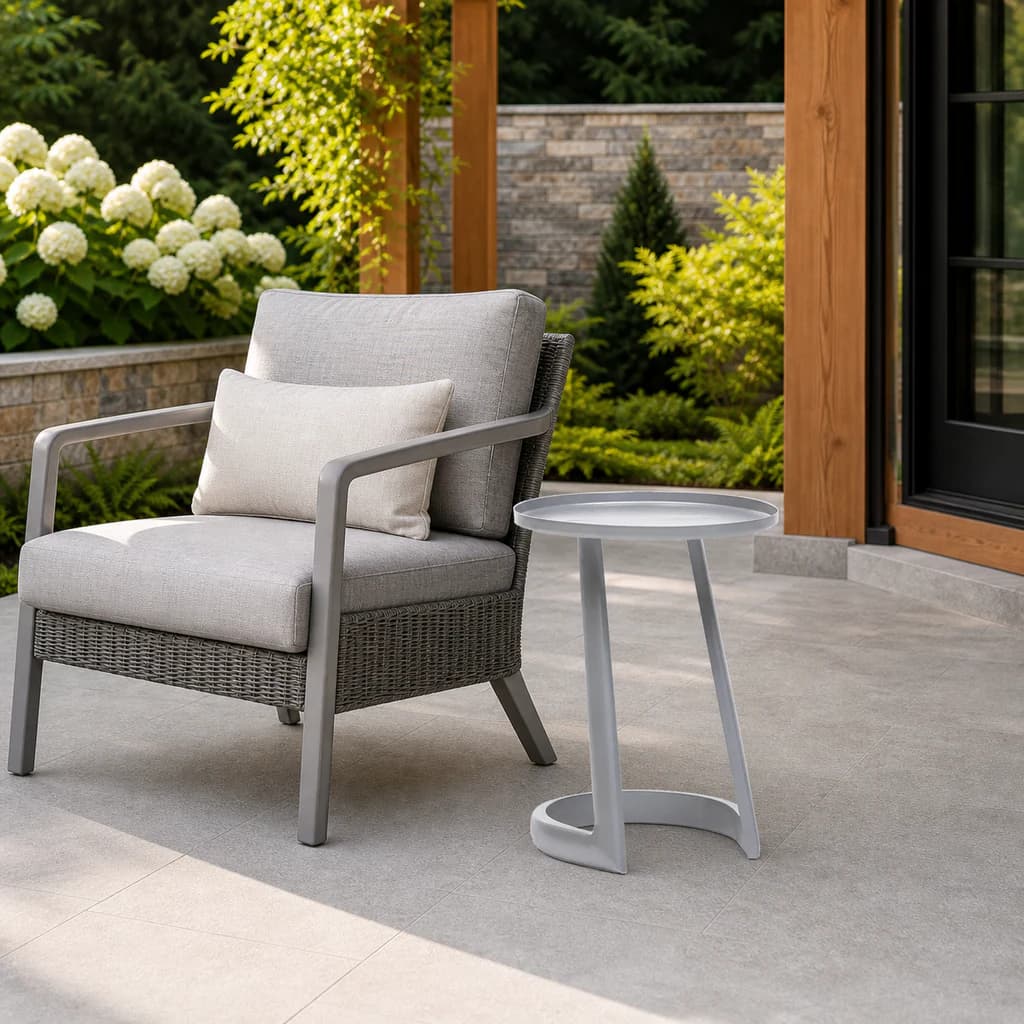 Ratana Bahamas silver round side table on a premium Pacific Northwest garden terrace.